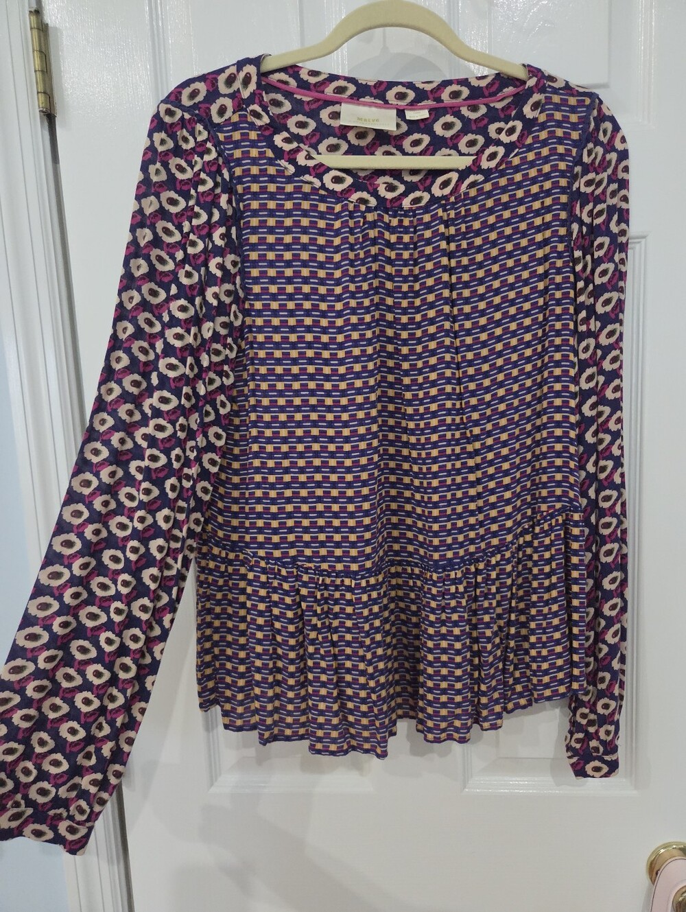 Maeve Long Sleeve Peplum Purple Gold Pattern Top Sz L